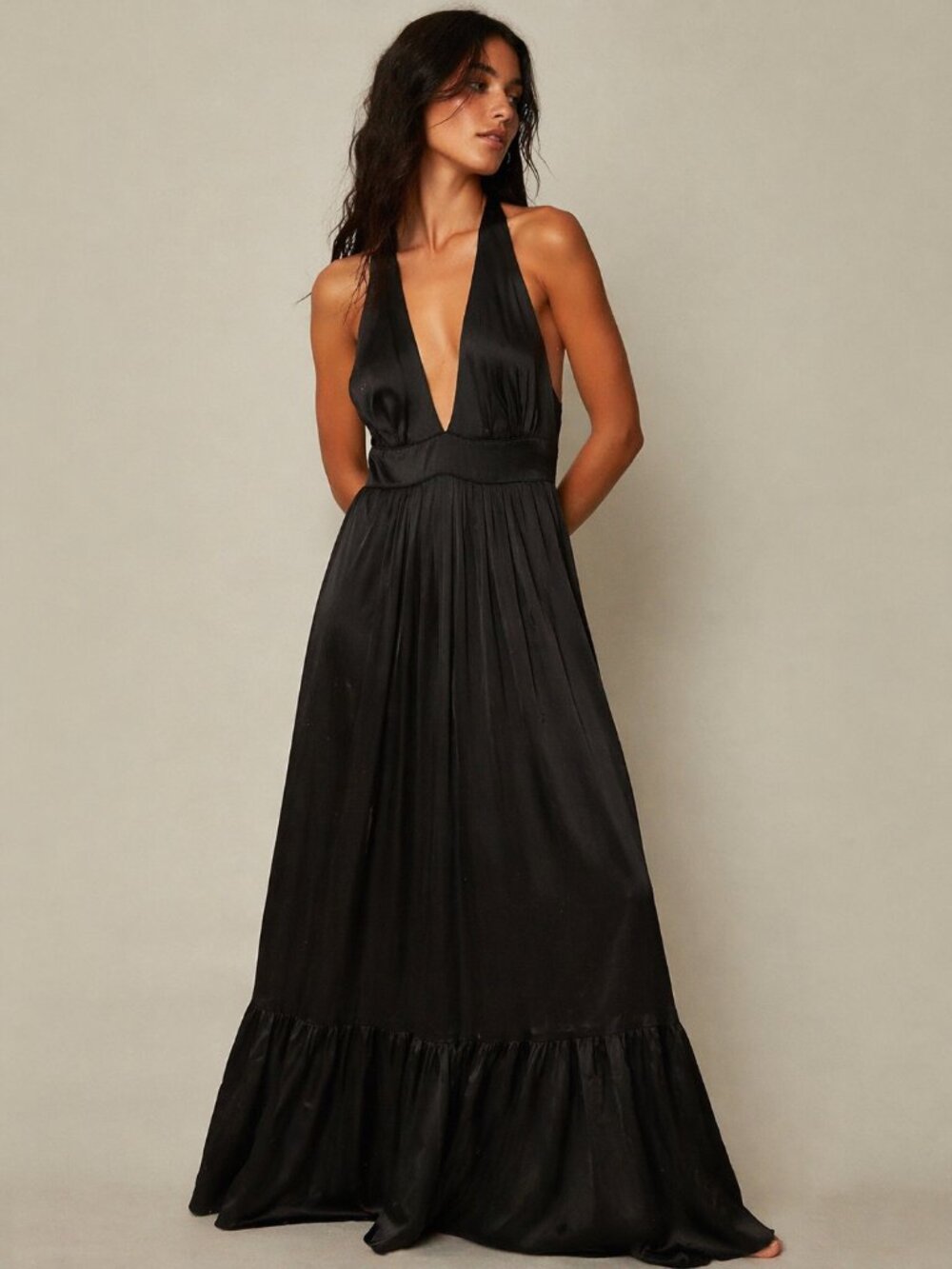 Corey Lynn Calter Black Silk Halter Maxi Dress Dark Romantic Goth Size 4